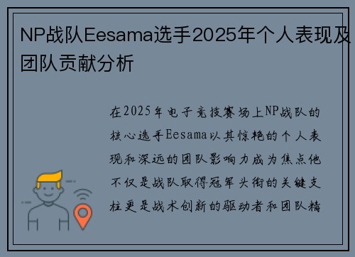 NP战队Eesama选手2025年个人表现及团队贡献分析